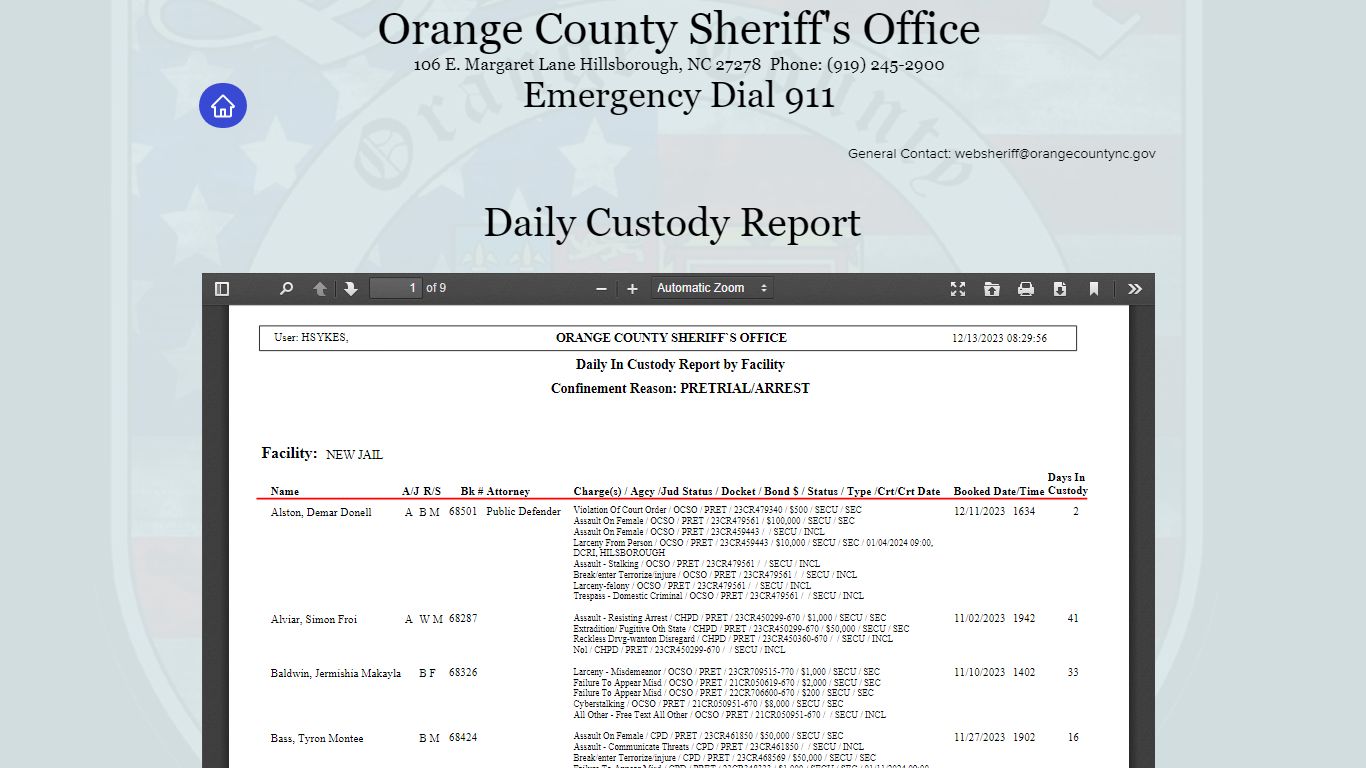 Daily Custody Report | ocso